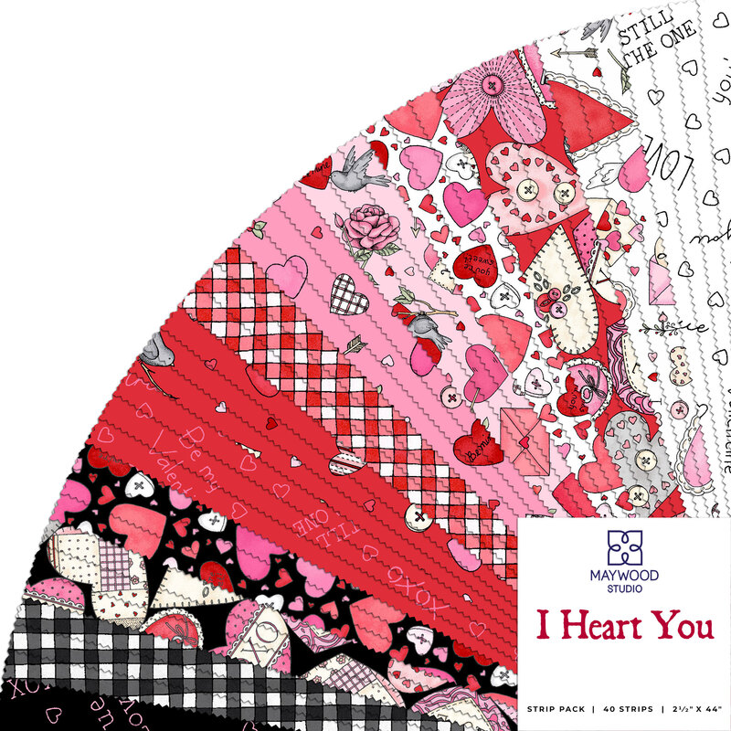 A fanned collage of Valentine's Day fabrics included in the I Heart You 2-1/2