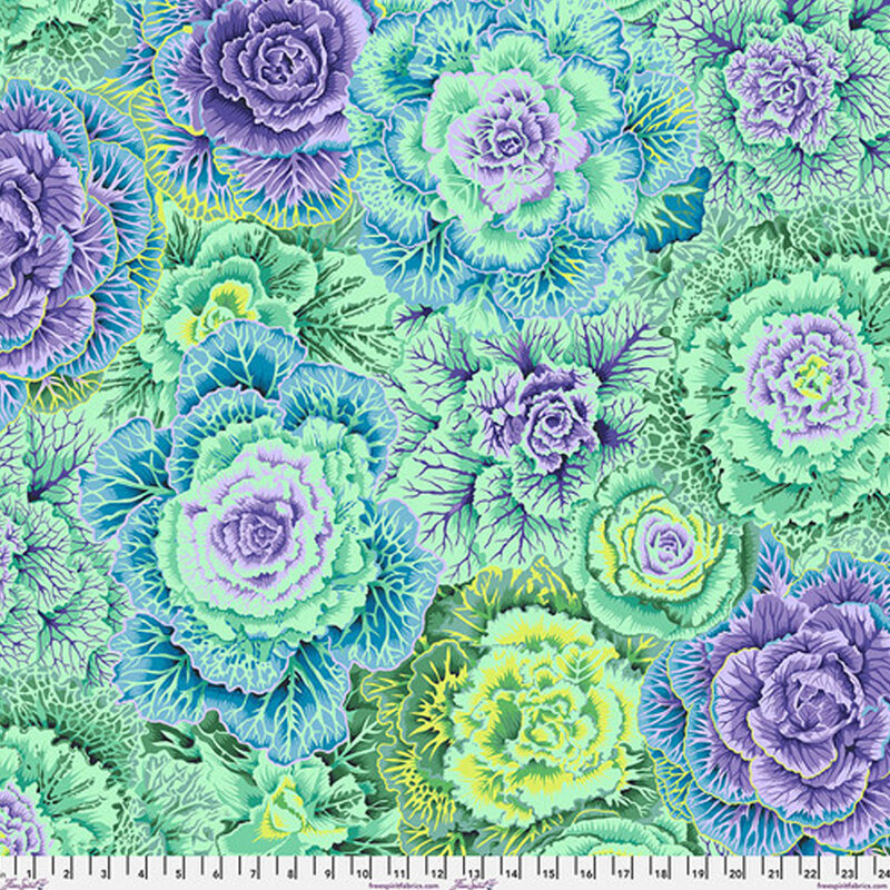 Bright aqua green fabric with purple, lime, and forest green florals throughout