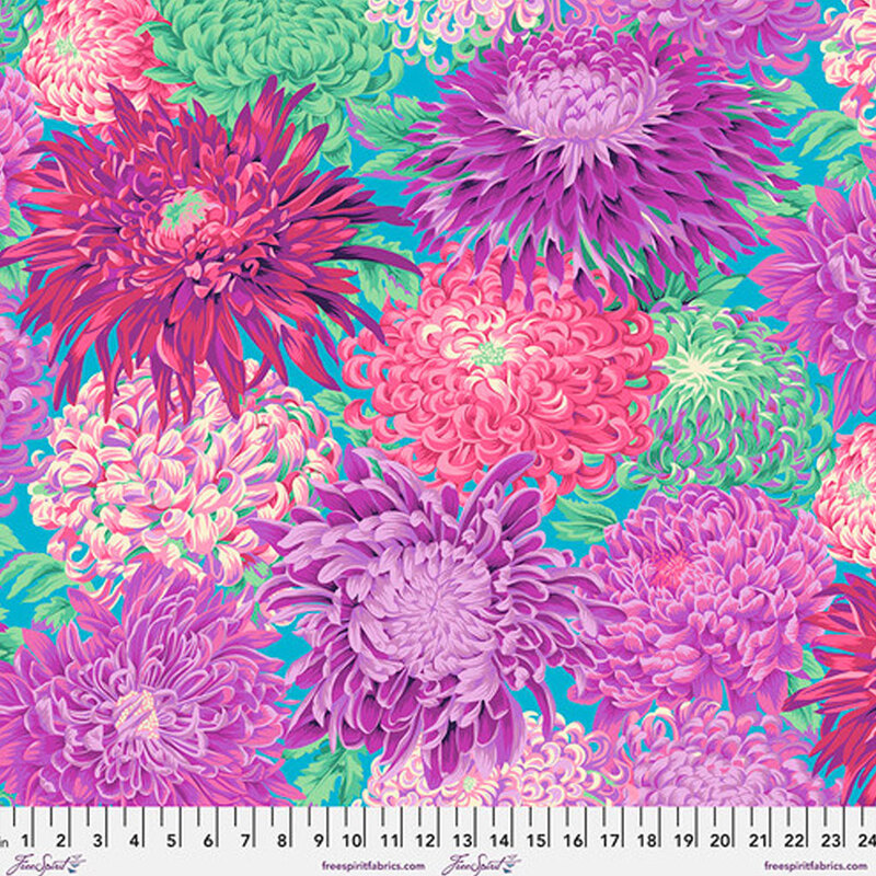 Bright purple and aqua fabric with purple, pink, and aqua green chrysanthemum florals all over