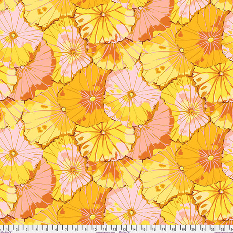 Bright yellow fabric with overlapping yellow, orange, and mauve lotus leaves all over