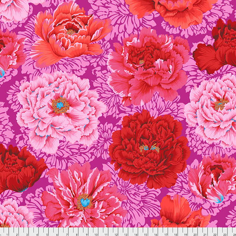 Bright pink fabric with large red, light pink, and coral peony florals all over