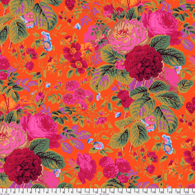 Bright orange fabric with large, scattered pink and crimson red roses with large green leaves