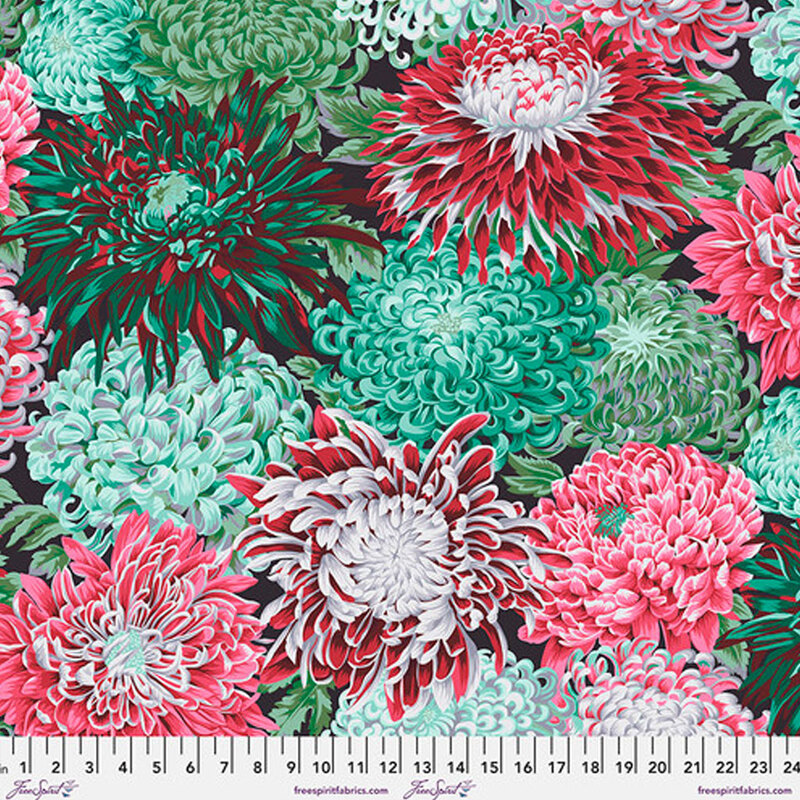 Green fabric with large red, dark green, aqua, and pink chrysanthemum florals all over