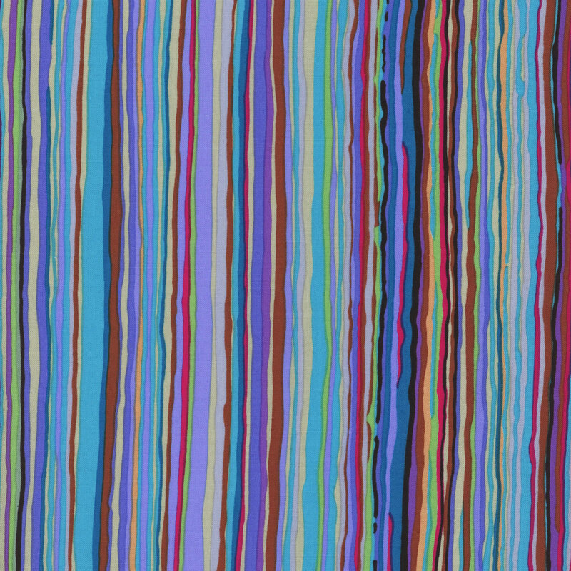 A fabric with many small thin rows of blue, aqua, purple, pink, and red lines creating an overall blue look