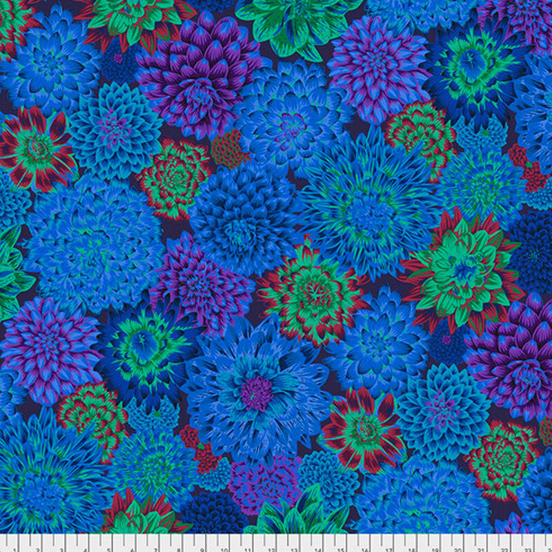 Royal blue fabric with large blue, dark blue, dark purple, and aqua green dahlias throughout