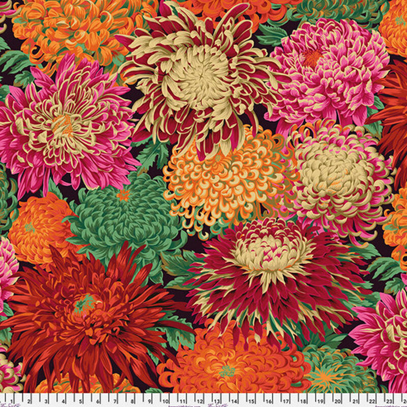 Fabric swatch with large red, yellow, green, and pink chrysanthemum florals on a black background