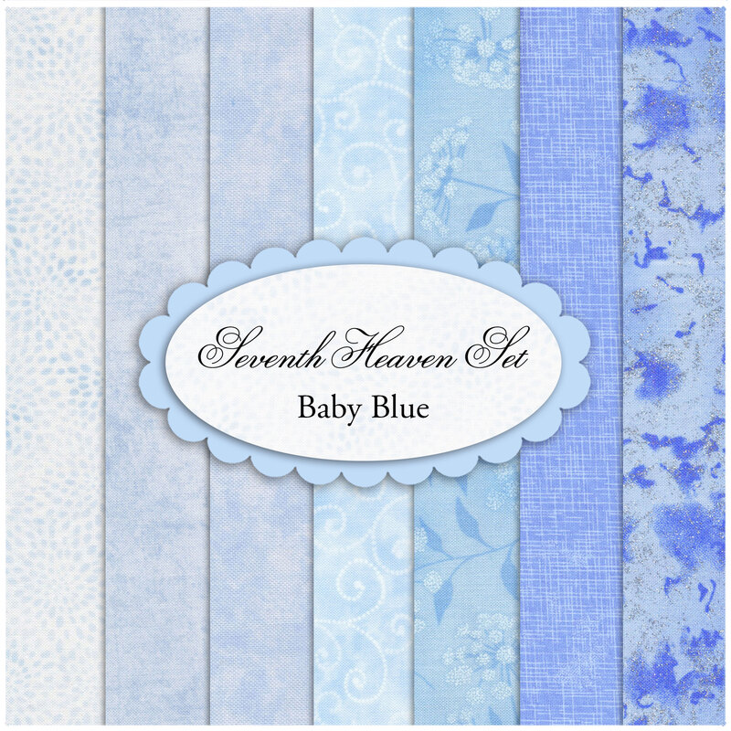 A collage of the fabrics included in the Baby Blue set.