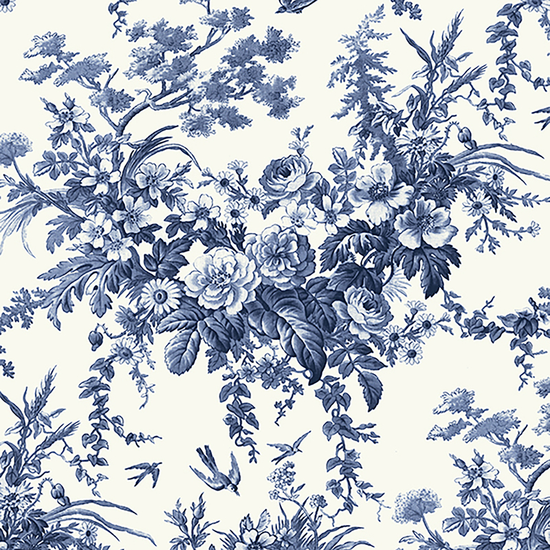 A white fabric swatch with muted navy blue florals and birds throughout