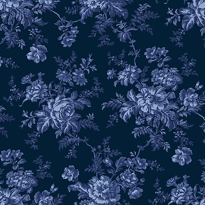 Dark navy fabric swatch with medium navy florals, vines, and birds throughout