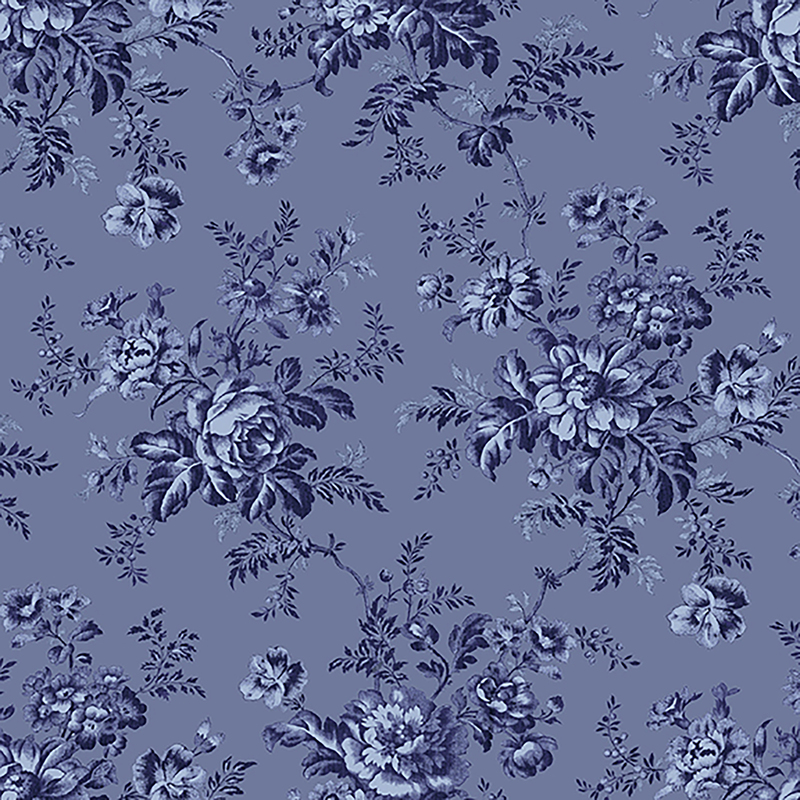Medium blue fabric with clusters of light blue florals and vines throughout