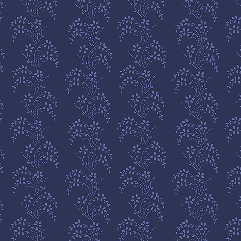 Navy blue fabric with columns of light blue wavy leaves and vines