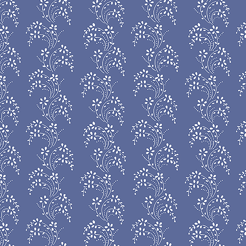 Medium blue fabric with columns of white, wavy leaves and vines
