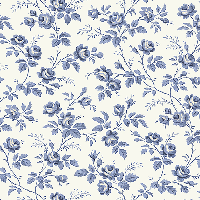 White fabric with light blue leaves and vines all over
