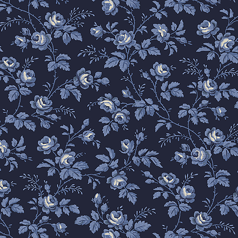 Navy blue fabric with light blue roses and vines all over