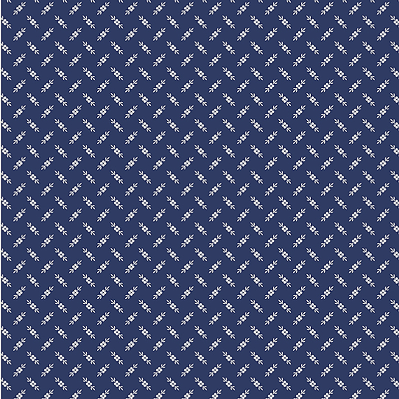 Navy blue fabric with tiny, alternating, white floral designs 