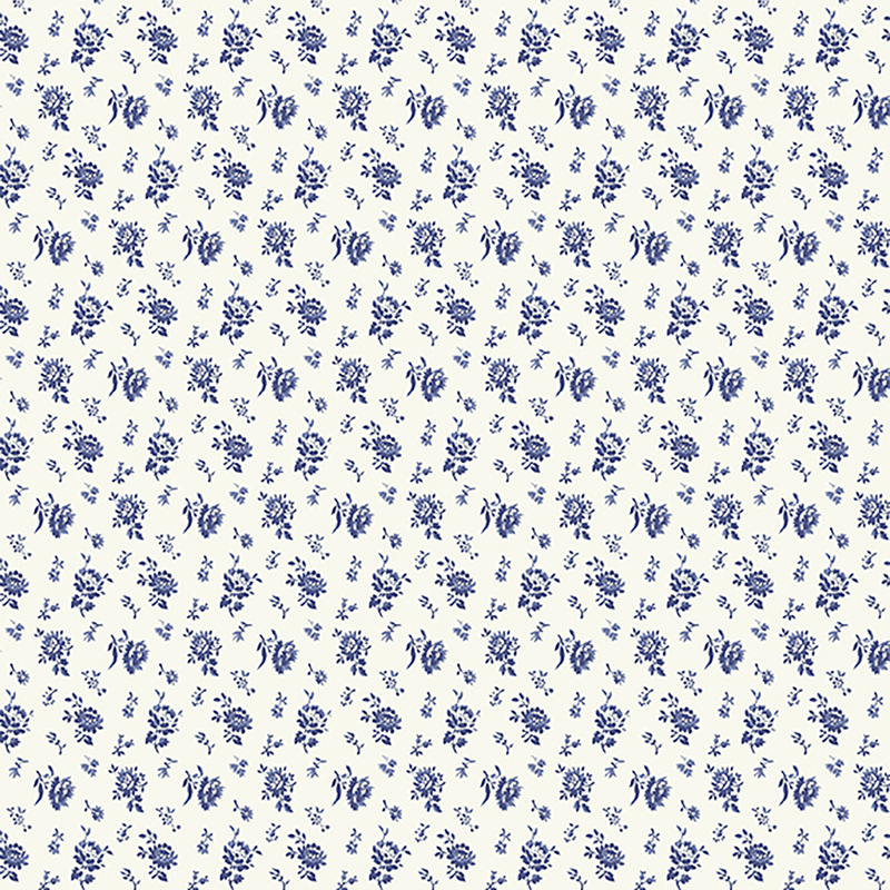 White fabric with a small, blue, floral pattern that is repeated throughout