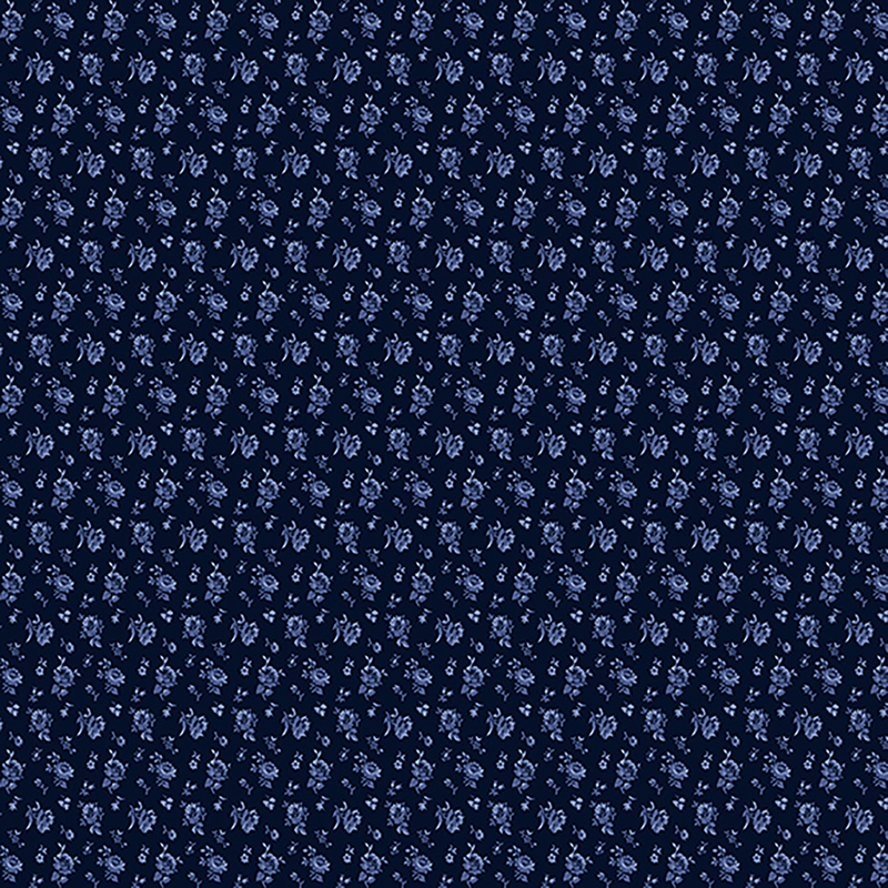 Dark navy blue fabric with small, repeated light blue florals throughout