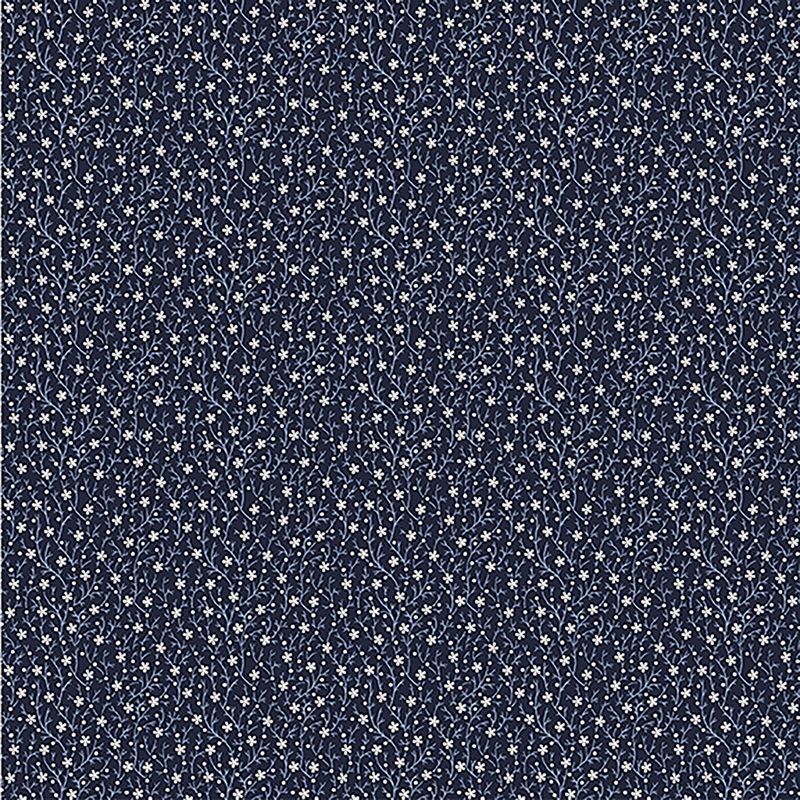Dark blue fabric with a tiny, white vine and floral pattern covering it