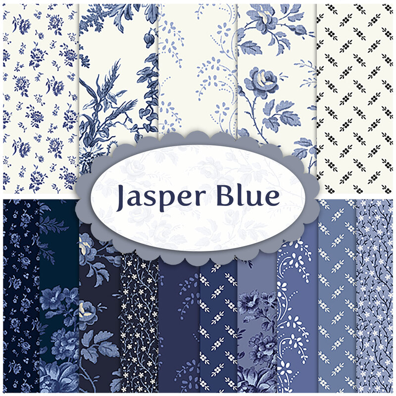 A collage of white and blue fabrics included in the Jasper Blue fabric collection