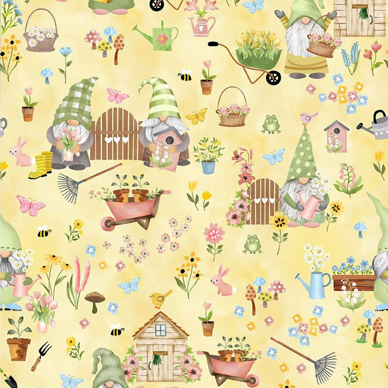 Bright yellow fabric with scenes of gnomes doing yard work with florals, bunnies, and buzzing bees against a mottled yellow background