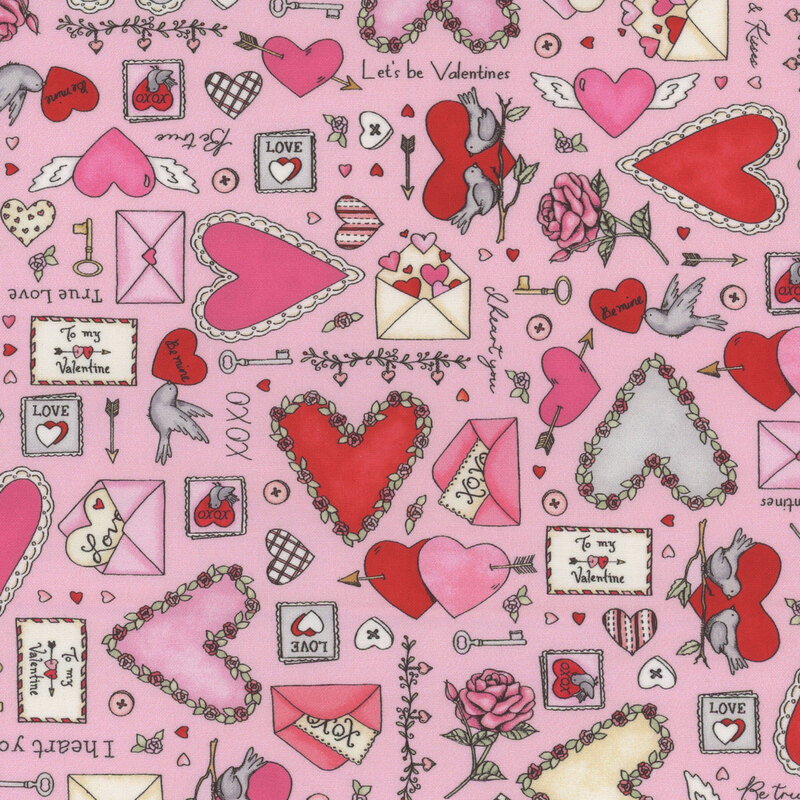 Pink fabric with a variety of illustrated Valentine's Day motifs such as hearts, cards, birds, and more.