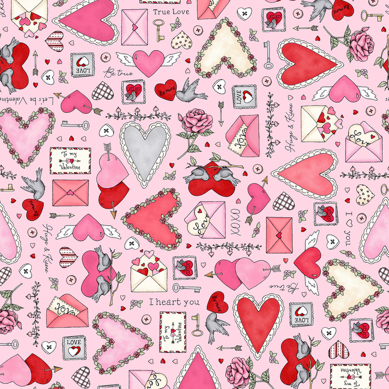 Pink fabric with a variety of illustrated Valentine's Day motifs such as hearts, cards, birds, and more.