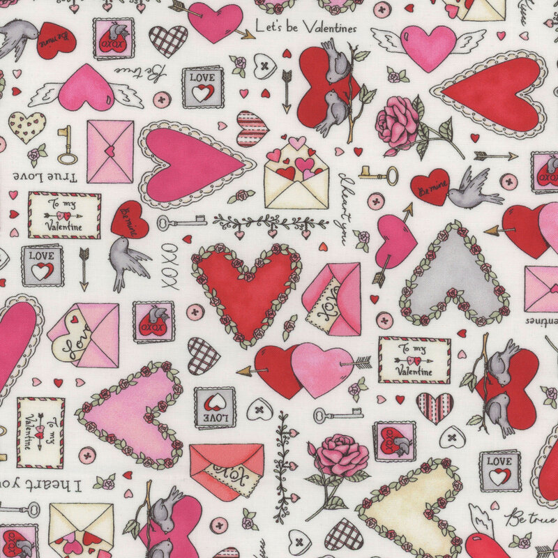 White fabric with a variety of illustrated Valentine's Day motifs such as hearts, cards, birds, and more.