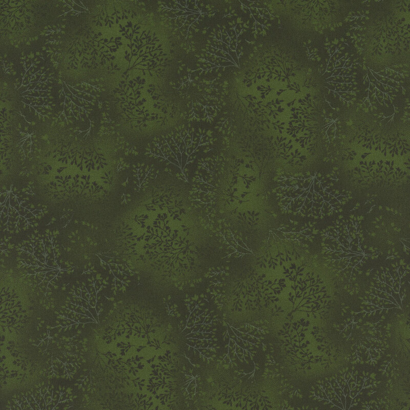 mottled, tonal true green fabric featuring leaves and vines