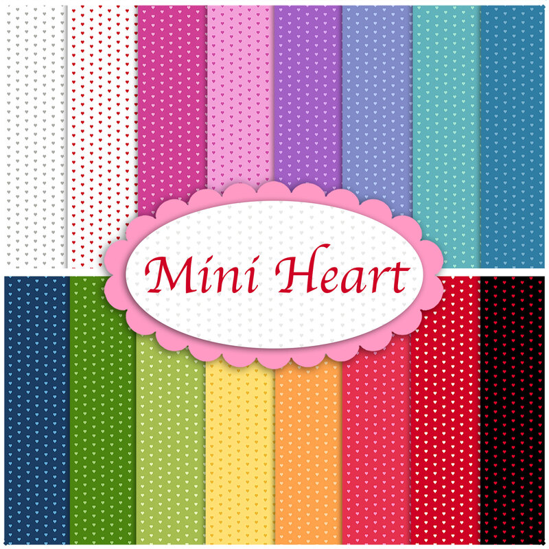 collage of fabrics in the mini heart collection in a variety of colors