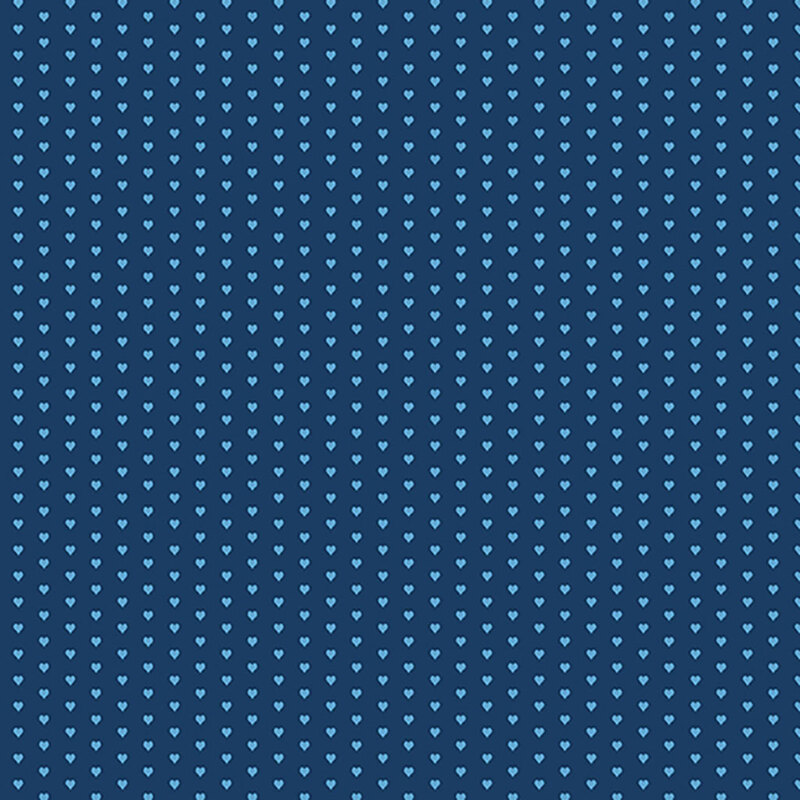 Dark blue fabric with a pattern of mini aqua hearts