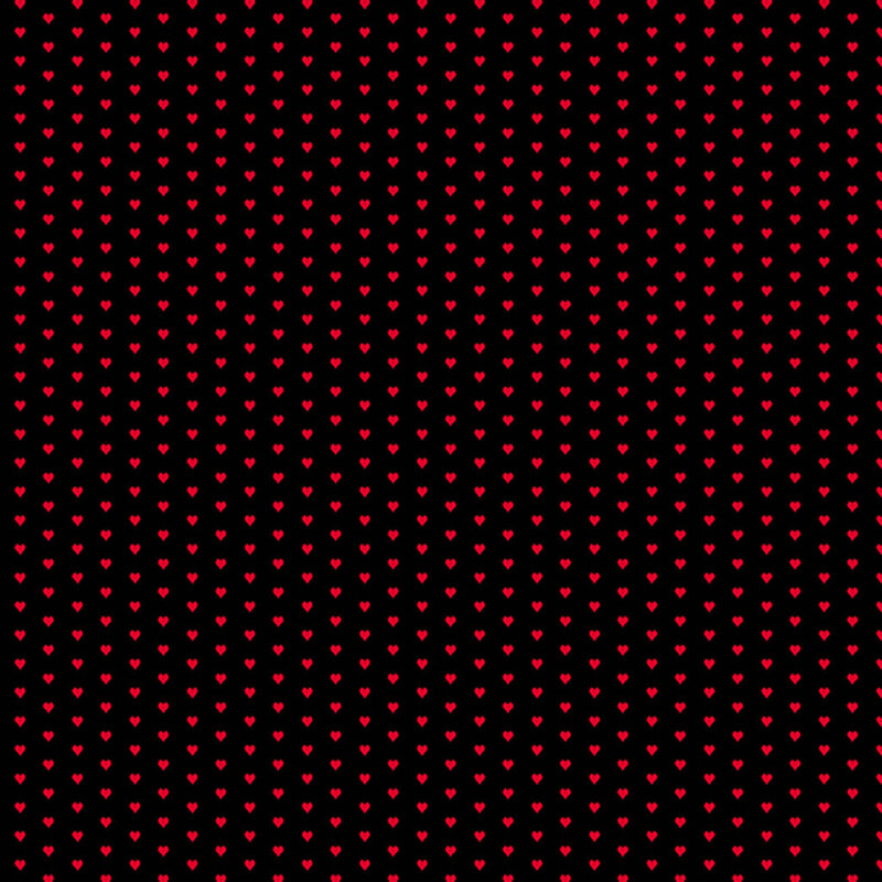 black fabric with a pattern of mini red hearts
