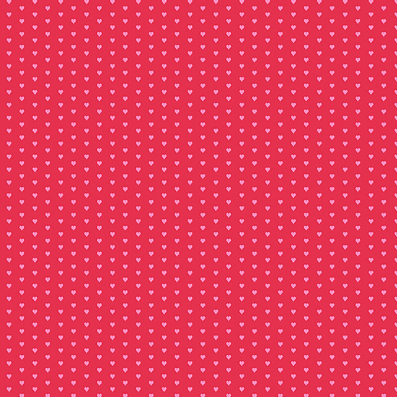 Rosy red fabric with a pattern of mini light pink hearts