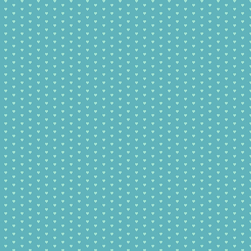 Aqua fabric with a pattern of mini mint green hearts