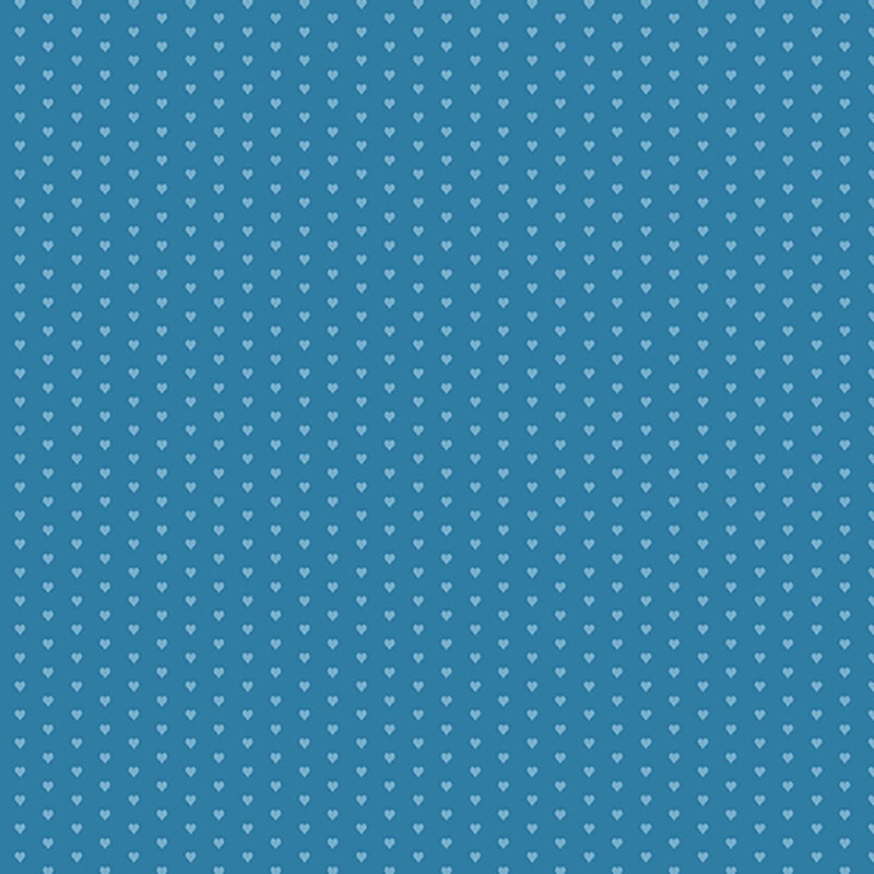Blue fabric with a pattern of mini light aqua hearts