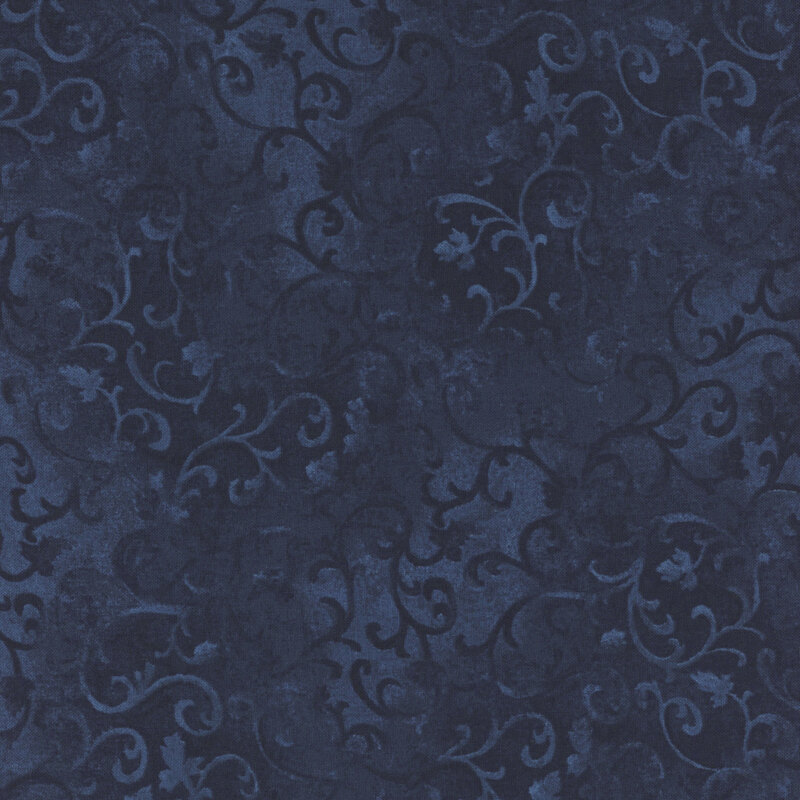 Tonal navy blue mottled fabric with swirly vines