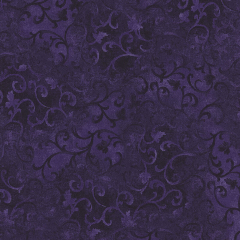 royal purple mottled fabric with swirly vines
