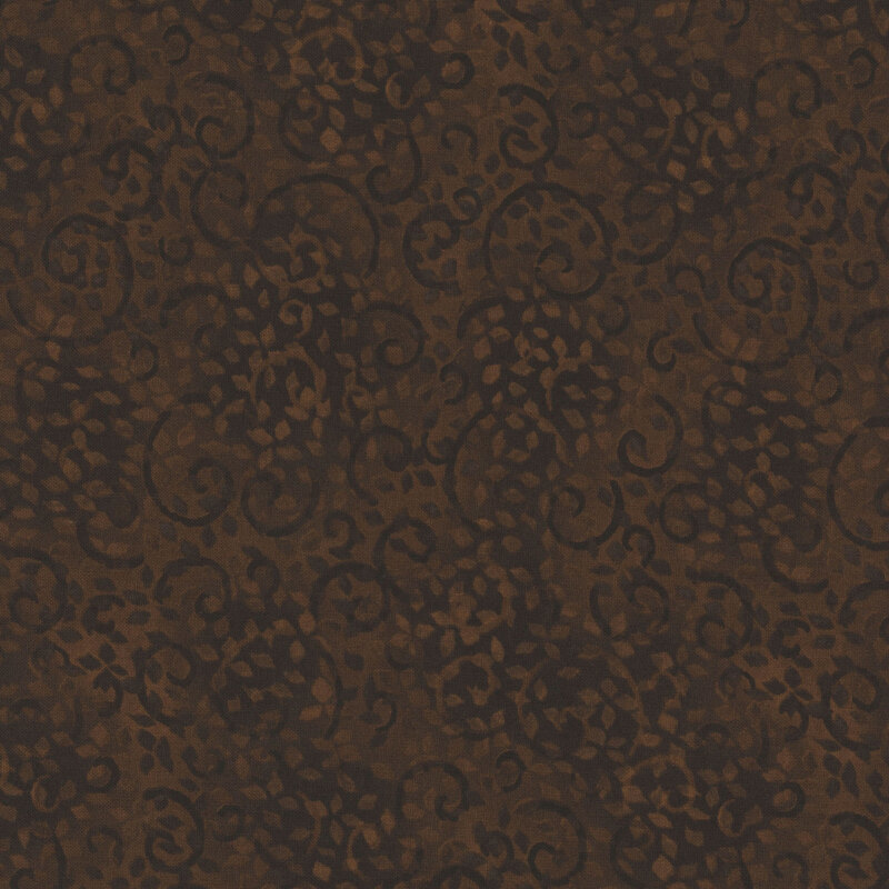 brown fabric with monochromatic sprawling leafy swirls