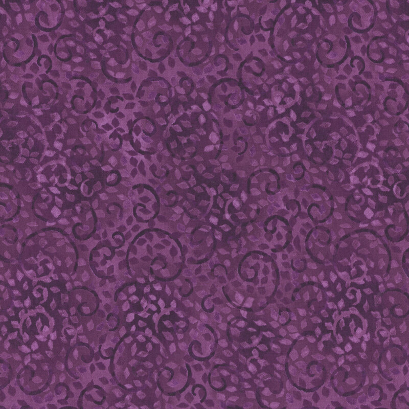 Tonal wine purple fabric with leaves and swirls