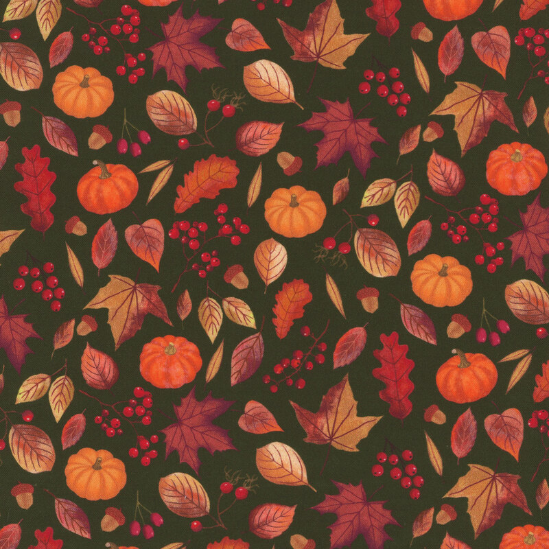 green fabric featuring leaves, pumpkins, and berries