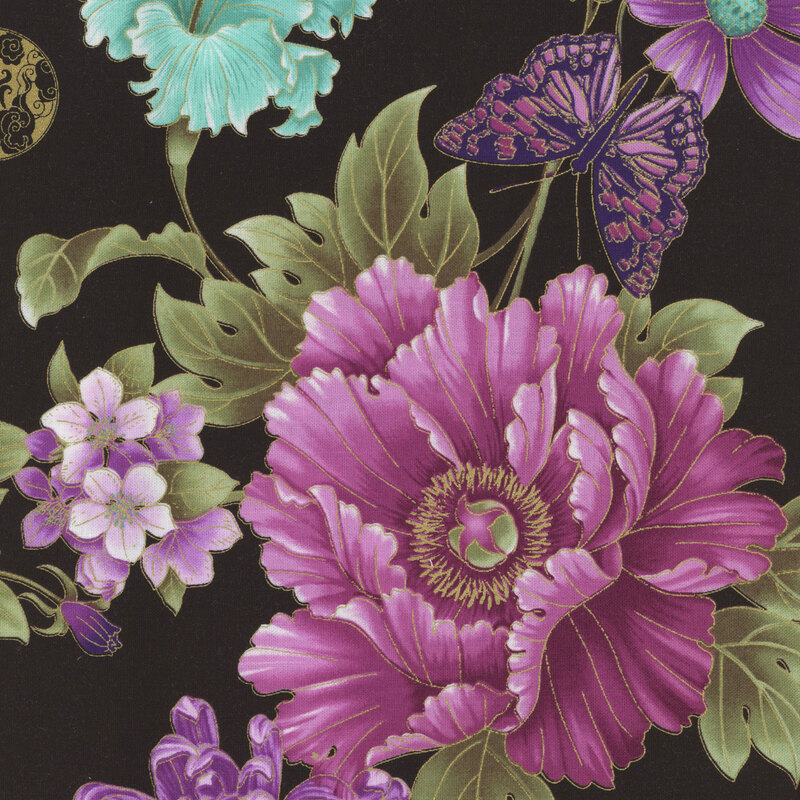 Fabric swatch featuring large purple and teal florals with green vines and butterflies against a black background