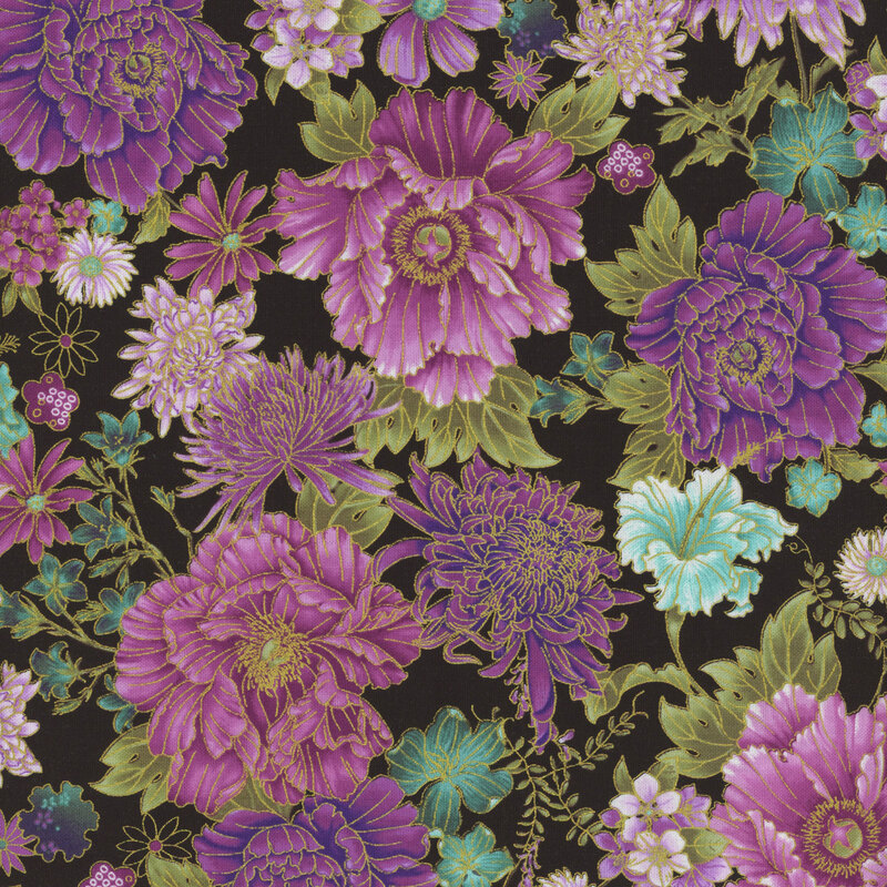 Black fabric with large purple and teal florals with gold metallic accents.