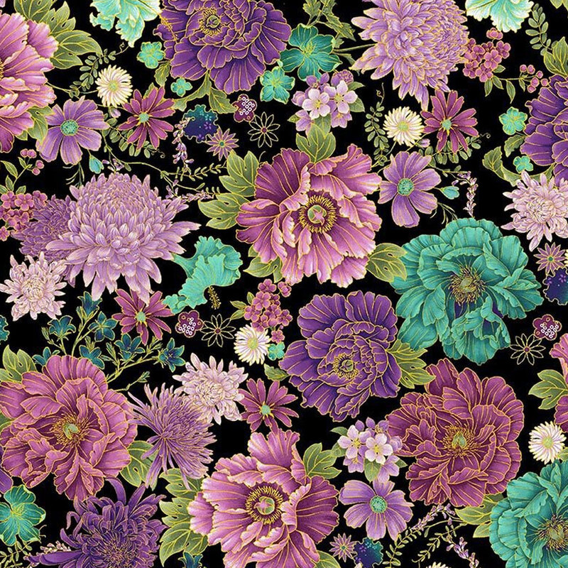 Black fabric with large purple and teal florals with gold metallic accents
