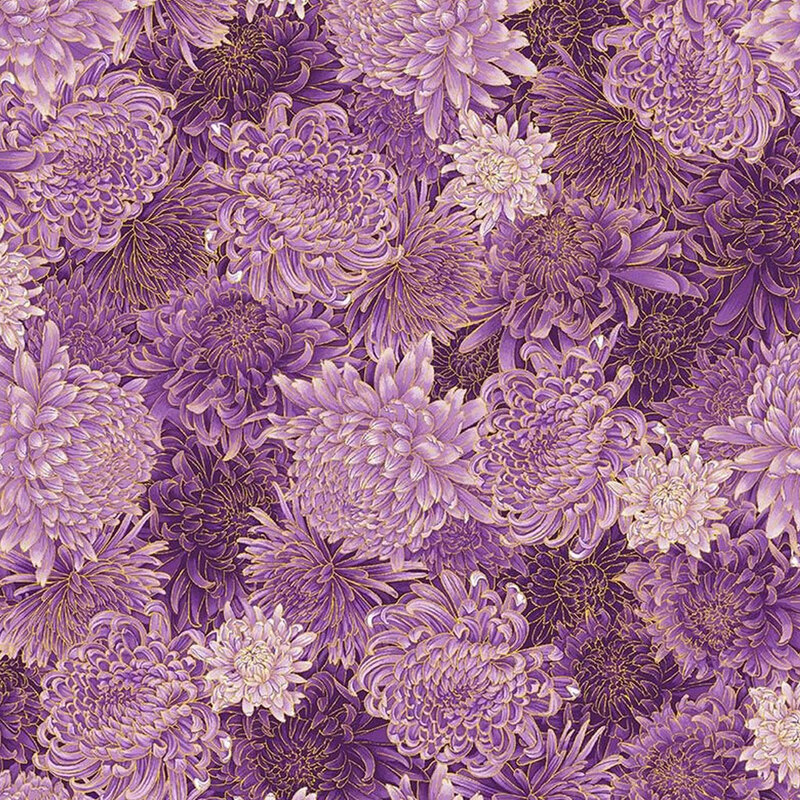 Fabric packed with large chrysanthemums in varying shades of purple