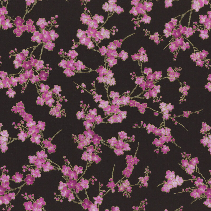 Black fabric with purple cherry blossoms all over.