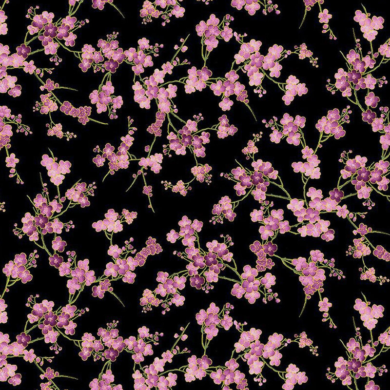 Black fabric with purple cherry blossoms all over