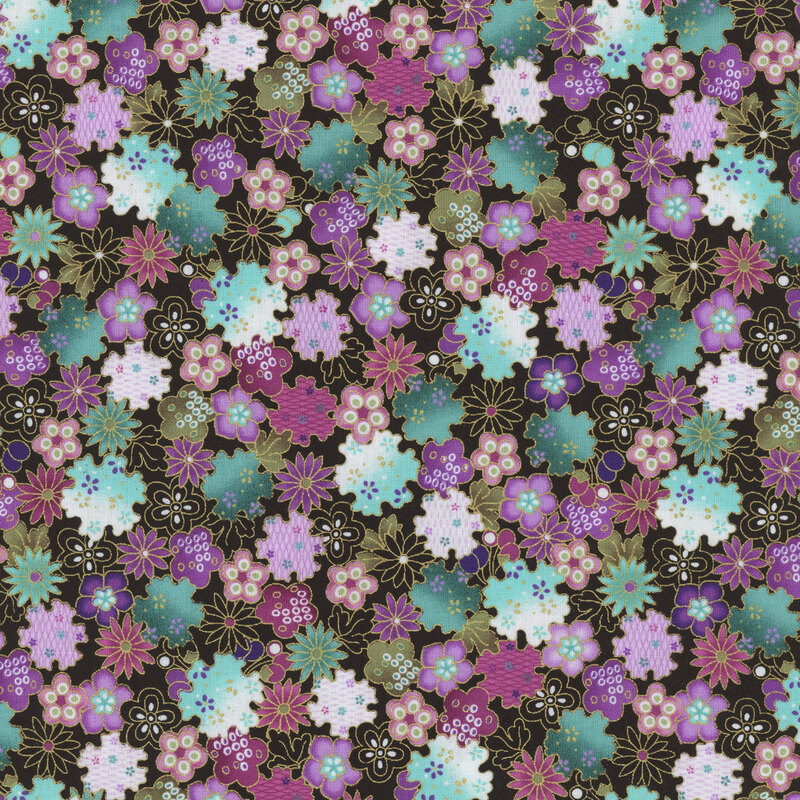 Black fabric covered in medium sized purple, aqua, white, and teal flowers.