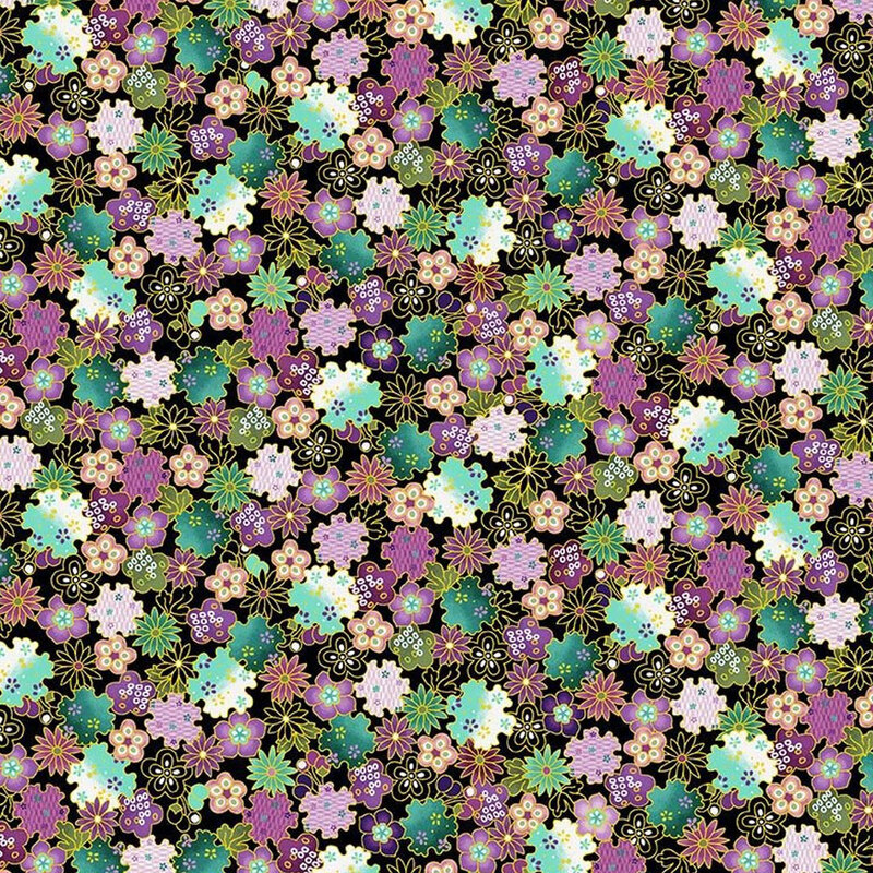 Black fabric covered in medium sized purple, aqua, white, and teal flowers