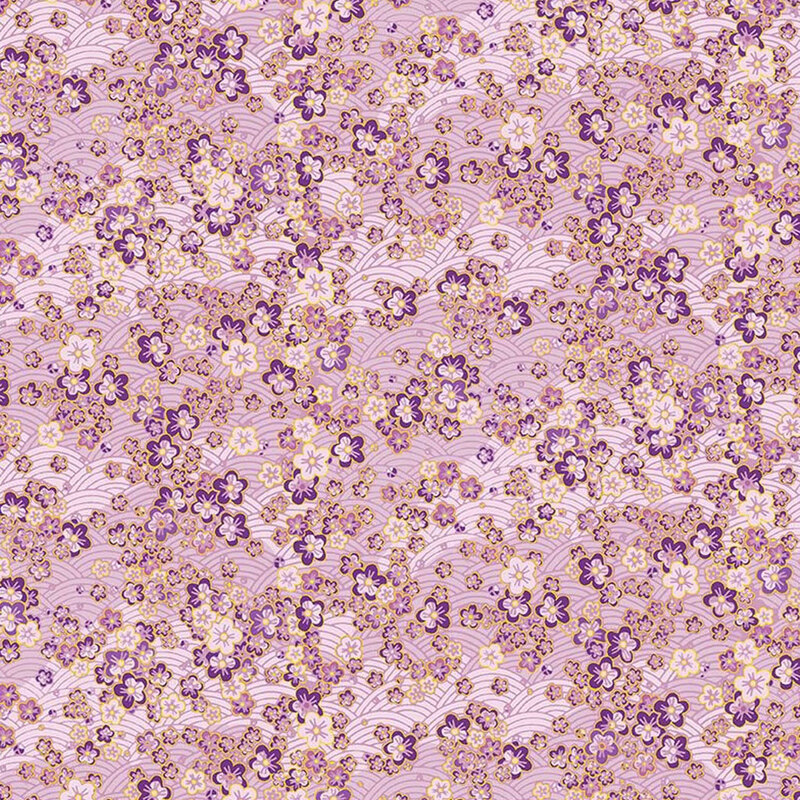 Light purple fabric covered in small purple cherry blossoms 