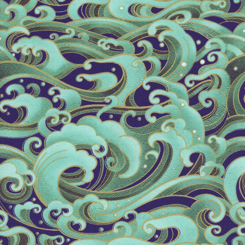 Aqua fabric with large, Asian-inspired wavy clouds throughout.