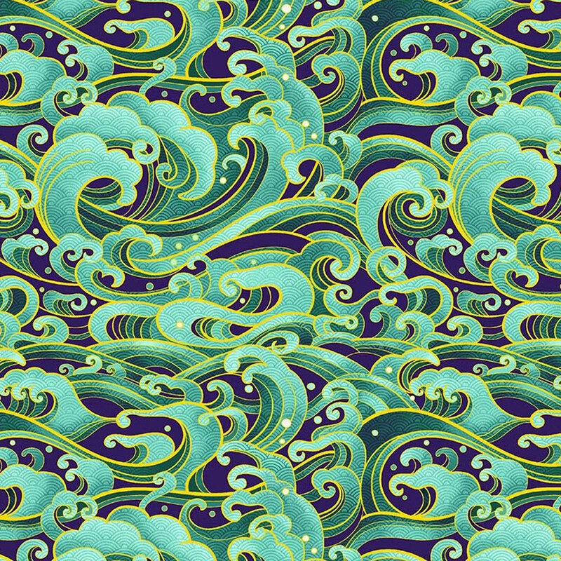 Aqua fabric with large, Asian-inspired wavey clouds throughout